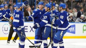 Tampa Bay Lightning defenceman Darren Raddysh celebrates his goal against the Winnipeg Jets with teammates during the second period of an NHL hockey game Thursday, Jan. 29, 2026, in Tampa, Fla. (Chris O'Meara/AP)