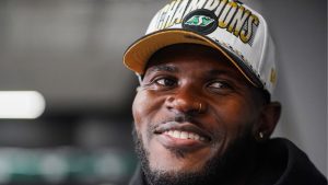Saskatchewan Roughriders defensive back Tevaughn Campbell looks on while speaking to reporters during a end of season media availability in Regina, Wednesday, Nov. 19, 2025. (Heywood Yu/THE CANADIAN PRESS)