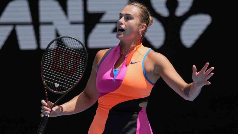 Aryna Sabalenka of Belarus reacts during her second round match against Bai Zhuoxuan of China at the Australian Open tennis championship in Melbourne, Australia, Wednesday, Jan. 21, 2026. (Dita Alangkara/AP)