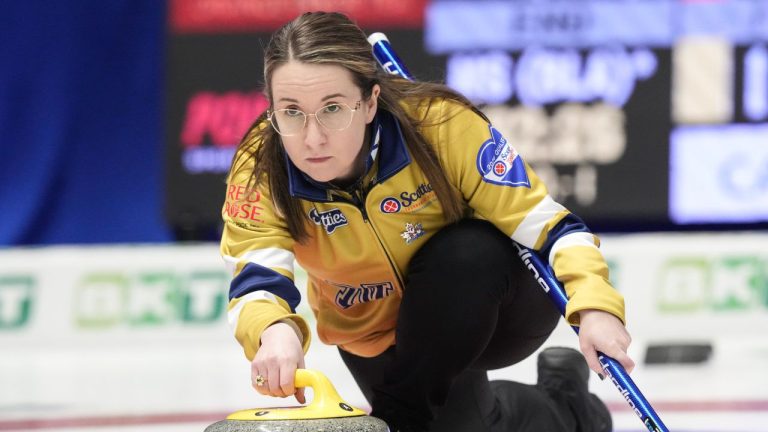 Nova Scotia Black's skip Christina Black throws a stone during her team's session against Nunavut at the Scotties Tournament of Hearts in Mississauga, Ont., Saturday, Jan. 24, 2026. (Chris Young/CP)