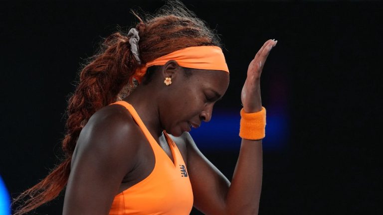 Coco Gauff of the U.S. reacts during her quarterfinal match against Elina Svitolina of Ukraine during their quarterfinal match at the Australian Open tennis championship in Melbourne, Australia, Tuesday, Jan. 27, 2026. (Dita Alangkara/AP)