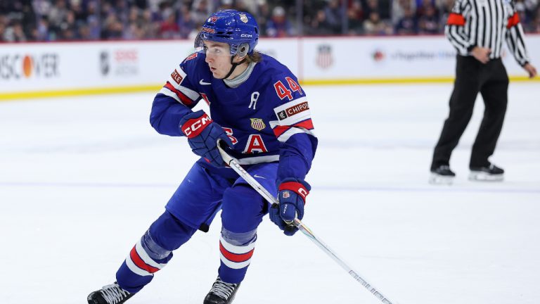 United States defenceman Cole Hutson (44) skates with the puck against Germany during the second period of an IIHF World Junior Hockey Championship game Friday, Dec. 26, 2025, in St. Paul, Minn. (Matt Krohn/AP)