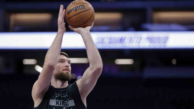 Sacramento Kings forward Domantas Sabonis warms up before an NBA basketball game against the Washington Wizards, Friday, Jan. 16, 2026, in Sacramento, Calif. (Scott Marshall/AP)
