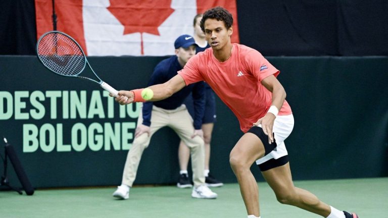Canada's Gabriel Diallo plays a shot to Hungary's Fabian Marozsan during their Davis Cup qualifying tennis match in Montreal on Feb. 2, 2025. (Graham Hughes/CP)
