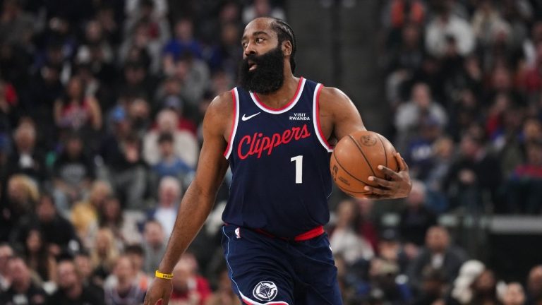 Los Angeles Clippers guard James Harden (1) dribbles during the first half of an NBA basketball game against the Charlotte Hornets Monday, Jan. 12, 2026, in Inglewood, Calif. (Jae C. Hong/AP)