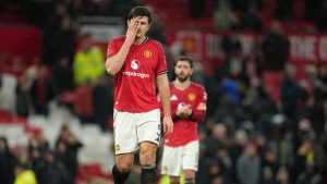 Manchester United's Harry Maguire walks off the pitch after the FA Cup third round soccer match between Manchester United and Brighton in Manchester, England, Sunday, Jan. 11, 2026. (Jon Super/AP)
