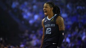 Memphis Grizzlies guard Ja Morant reacts during the second half of an NBA basketball game against the Orlando Magic Sunday, Jan. 18, 2026, in London. (Kin Cheung/AP)