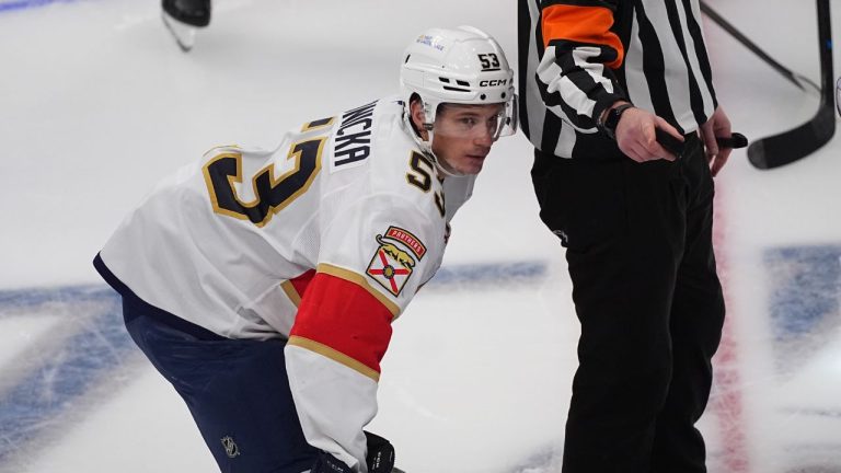 Florida Panthers centre Jack Studnicka (53) in the third period of an NHL hockey game Thursday, Dec. 11, 2025, in Denver. (David Zalubowski/AP)