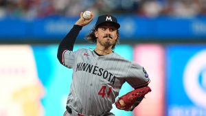 Minnesota Twins pitcher Joe Ryan in action during a baseball game, Friday, Sept. 26, 2025, in Philadelphia. (Matt Rourke/AP)