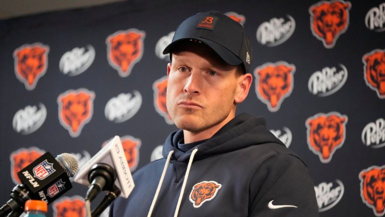 Chicago Bears head coach Ben Johnson talks after an NFL wild-card playoff football game against the Green Bay Packers Saturday, Jan. 10, 2026, in Chicago. (Nam Huh/AP Photo)