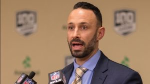 Jon-Eric Sullivan, Green Bay Packers director of college scouting, talks in Green Bay, Wis., Thursday, April 26, 2018, about the team's pick in the first round of the NFL football draft. (Mike Roemer/AP)