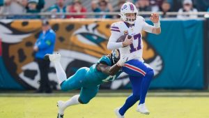 Buffalo Bills quarterback Josh Allen throws a pass against the Jacksonville Jaguars during the first half of an NFL wild-card playoff football game Sunday, Jan. 11, 2026, in Jacksonville, Fla. (Chris O'Meara/AP)