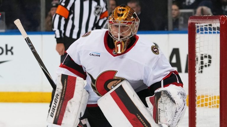 Ottawa Senators goaltender Leevi Meriläinen during the second period of an NHL hockey game against the New York Rangers Wednesday, Jan. 14, 2026, in New York. (Frank Franklin II/AP)