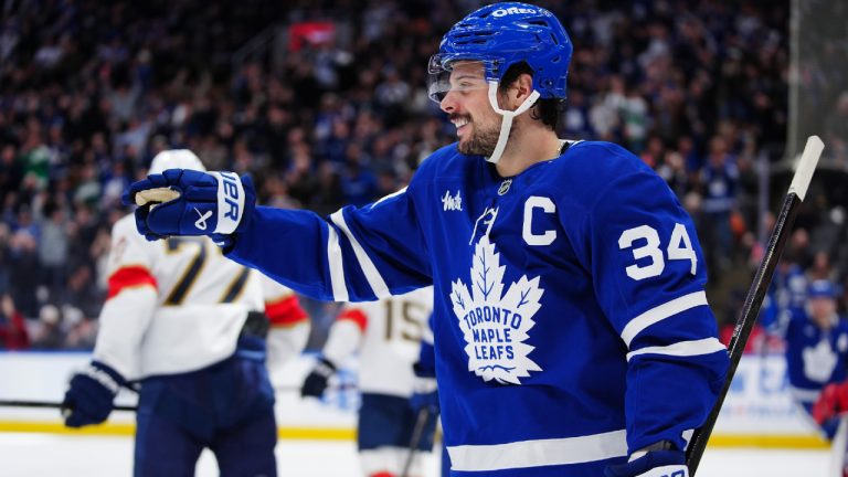 Toronto Maple Leafs' Auston Matthews (34) celebrates his goal against the Florida Panthers during second period NHL hockey action in Toronto on Tuesday, Jan. 6, 2026. (Frank Gunn/CP)