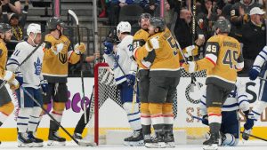 Vegas Golden Knights right wing Mark Stone (61) celebrates his goal with defenseman Jeremy Lauzon (5) against the Toronto Maple Leafs during the third period of an NHL hockey game Thursday, Jan. 15, 2026, in Las Vegas. (Candice Ward/AP)
