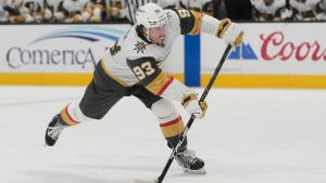 Vegas Golden Knights right wing Mitch Marner (93) passes the puck against the San Jose Sharks during the second period of an NHL hockey game in San Jose, Calif., Sunday, Jan. 11, 2026. (Jeff Chiu/AP)