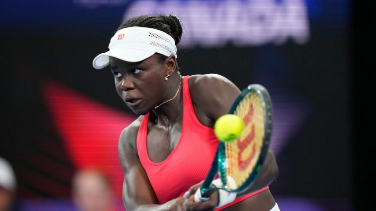 Victoria Mboko of Canada hits a backhand to Lin Zhu of China during their match at the United Cup tennis tournament in Sydney, Sunday, Jan. 4, 2026. (Rick Rycroft/AP)
