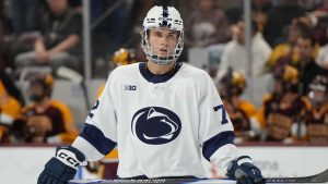 Penn State's Gavin McKenna skates against Arizona State during the second period of an NCAA college hockey game, Friday, Oct. 3, 2025, in Tempe, Ariz. (Rick Scuteri/AP Photo)