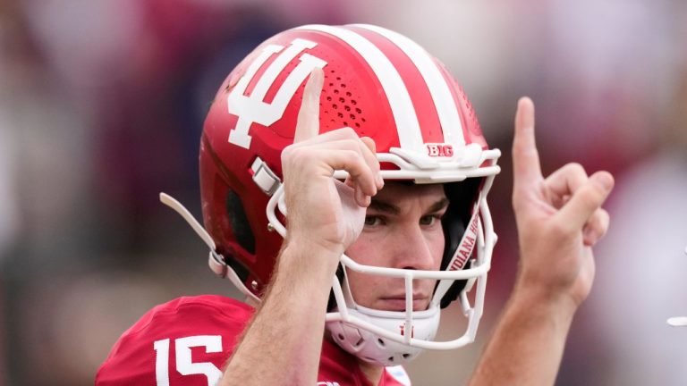 Indiana quarterback Fernando Mendoza (15) calls a play during the first half of the Rose Bowl College Football Playoff quarterfinal game Thursday, Jan. 1, 2026, in Pasadena, Calif. (Mark J. Terrill/AP Photo)