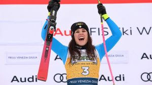 Italy's Nicol Delago celebrates after winning an alpine ski, women's World Cup downhill, in Tarvisio, Italy, Saturday, Jan. 17, 2026. (Marco Trovati/AP)