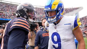 Chicago Bears quarterback Caleb Williams, left, and Los Angeles Rams quarterback Matthew Stafford talk after the Bears' 24-18 win over the Rams in an NFL football game. (Erin Hooley/AP)