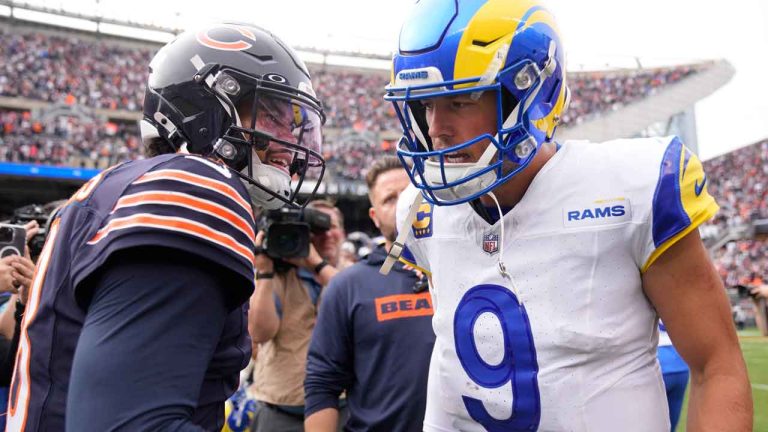 Chicago Bears quarterback Caleb Williams, left, and Los Angeles Rams quarterback Matthew Stafford talk after the Bears' 24-18 win over the Rams in an NFL football game. (Erin Hooley/AP)
