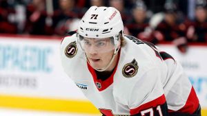 Ottawa Senators' Ridly Greig (71) watches the puck against the Carolina Hurricanes during the first period of an NHL hockey game. (Karl B DeBlaker/AP)