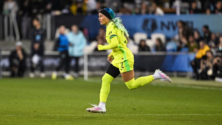 Washington Spirit forward Trinity Rodman (2) enters the game during the second half of a NWSL women's championship soccer match, Saturday, Nov. 22, 2025, in San Jose, Calif. (Justine Willard/AP)