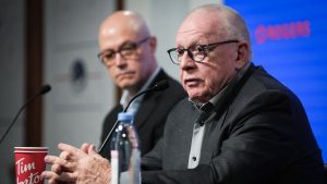 Vancouver Canucks president of hockey operations Jim Rutherford, front right, speaks as general manager Patrik Allvin listens during the NHL hockey team's end of season news conference, in Vancouver, on Monday, April 21, 2025. (Darryl Dyck/CP)