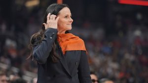 New York Liberty head coach Sandy Brondello watches during the first half of a WNBA All-Star basketball game against Team Collier, Saturday, July 19, 2025, in Indianapolis. (Michael Conroy/AP)