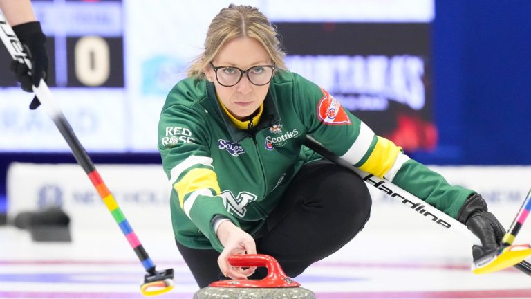 Northern Ontario's skip Krista Scharf throws a stone during her team's session against Alberta - Skrlik at the Scotties Tournament of Hearts in Mississauga, Ont., Saturday, Jan. 24, 2026. (Chris Young/THE CANADIAN PRESS)