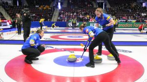 Alberta-Sturmay's skip Selena Sturmay, left, guides a stone towards the button during her team's session against New Brunswick, at the Scotties Tournament of Hearts in Mississauga, Ont., on Thursday Jan. 29, 2026. (Chris Young/CP)