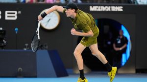 Jannik Sinner of Italy serves to Hugo Gaston of France during their first round match at the Australian Open tennis championship in Melbourne, Australia, Tuesday, Jan. 20, 2026. (Asanka Brendon Ratnayake/AP)