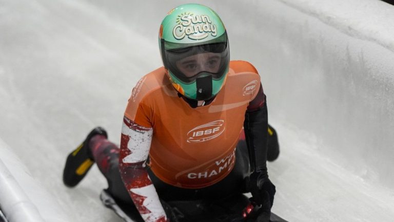 Hallie Clarke, of Canada, slides during fourth run at the skeleton world championships, Friday, March 7, 2025, in Lake Placid, N.Y. (Julia Demaree Nikhinson/AP)