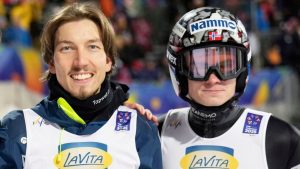 ohann Andre Forfang, and Marius Lindvik, from left, of Norway, pose after winning the bronze medal in the ski jumping men's team large hill competition at the Nordic World Ski Championships in Trondheim, Norway, March 6, 2025. (Matthias Schrader/AP Photo)