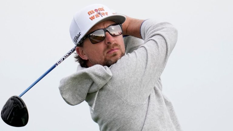 Roger Sloan watches his tee shot on the second hole of the South Course at Torrey Pines during the first round of the Farmers Insurance Open golf tournament, Wednesday, Jan. 24, 2024, in San Diego. (Gregory Bull/AP Photo)