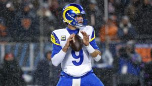 Los Angeles Rams quarterback Matthew Stafford (9) looks to pass the ball against the Chicago Bears during the first half of an NFL divisional playoff football game, Sunday, Jan. 18, 2026, in Chicago. (Kamil Krzaczynski/AP)
