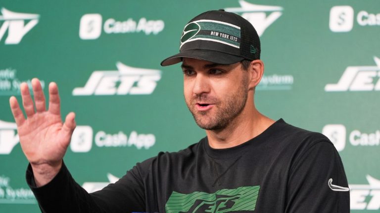 Tanner Engstrand, offensive co-ordinator for the New York Jets, talk to reporters before an NFL football practice in Florham Park, N.J., Thursday, May 29, 2025. (Seth Wenig/AP)