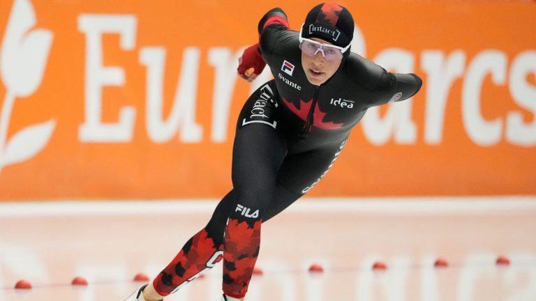 Valerie Maltais of Canada competes during the women's 3000 meters at the World Cup speedskating event in Inzell Germany, Saturday, Jan. 24, 2026. (Matthias Schrader/AP)