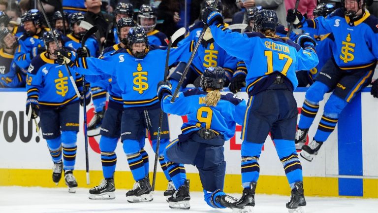 Toronto Sceptres forward Daryl Watts (9) celebrates her game-winning goal with teammates at the end of overtime period PWHL hockey action against the Vancouver Goldeneyes, in Toronto, Saturday, Jan. 17, 2026. (Frank Gunn/CP)