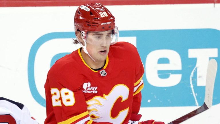 Defenceman Zach Whitecloud in his first game for the Calgary Flames, in Calgary, Monday, Jan. 19, 2026. (CP/Larry MacDougal)