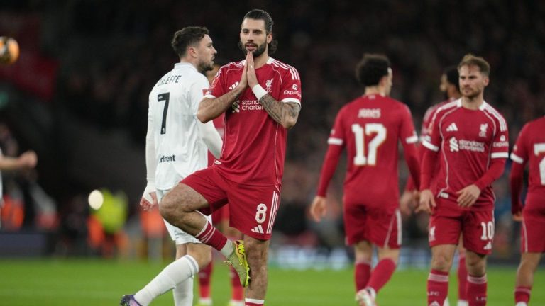 Liverpool's Dominik Szoboszlai reacts after scoring during the FA Cup third round soccer match between Liverpool and Barnsley in Liverpool, England, Monday, Jan. 12, 2026. (Jon Super/AP)