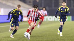 Atletico Ottawa's Gabriel Antinoro (11) carries the ball into the Nashville SC end during round one of the 2026 CONCACAF Champions Cup in Hamilton, Tuesday, Feb. 17, 2026. (Nick Iwanyshyn/CP)