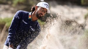Akshay Bhatia hits from a bunker toward the fourth fairway at Spyglass Hill Golf Course during the second round of the AT&T Pebble Beach Pro-Am golf tournament in Pebble Beach, Calif., Friday, Feb. 13, 2026. (AP/Godofredo A. Vásquez)