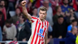 Atletico Madrid's Alexander Sorloth celebrates after scoring his side's fourth goal during the Champions League play-off second leg soccer match between Atletico Madrid and Club Brugge, in Madrid, Spain, Tuesday, Feb. 24, 2026. (Manu Fernandez/AP)