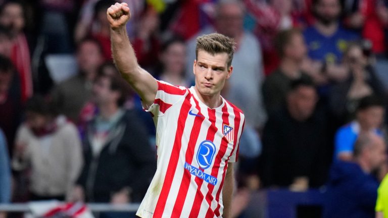 Atletico Madrid's Alexander Sorloth celebrates after scoring his side's fourth goal during the Champions League play-off second leg soccer match between Atletico Madrid and Club Brugge, in Madrid, Spain, Tuesday, Feb. 24, 2026. (Manu Fernandez/AP)