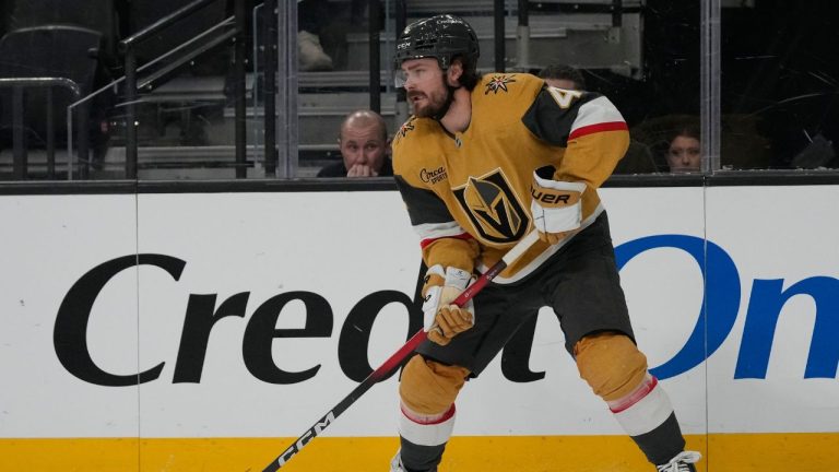 Vegas Golden Knights defenceman Rasmus Andersson (4) plays against the Dallas Stars during an NHL hockey game Thursday, Jan. 29, 2026, in Las Vegas. (John Locher/AP)