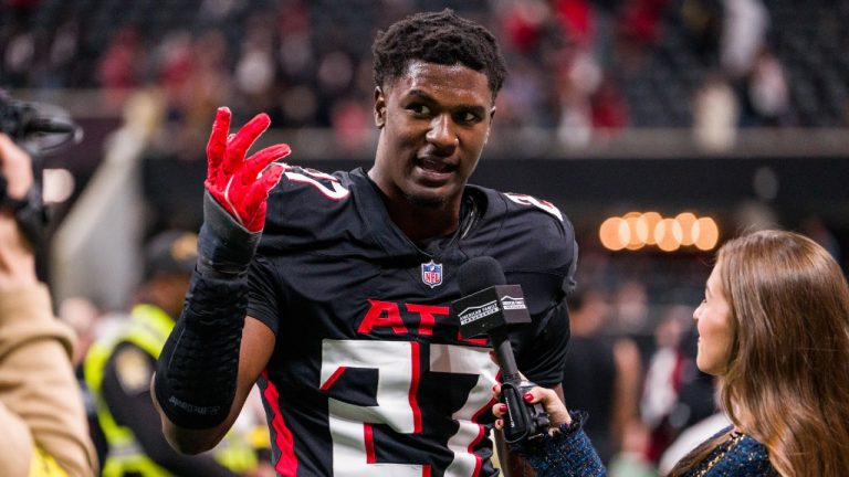 Atlanta Falcons linebacker James Pearce Jr. (27) is interviewed after an NFL football game against the New Orleans Saints, Sunday, Jan. 4, 2026, in Atlanta. (Danny Karnik/AP)