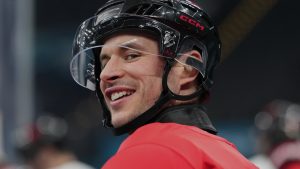 Canadian captain Sidney Crosby arrives for a practice at the 2026 Winter Olympics, in Milan, Italy, Sunday, Feb. 8, 2026. (Photo by Carolyn Kaster/AP) 