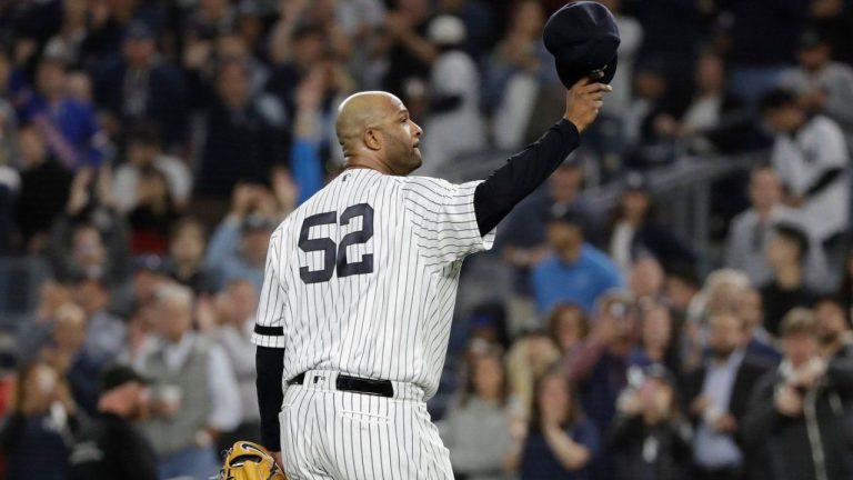 New York Yankees starting pitcher CC Sabathia gestures to fans as he leaves during the third inning of the team's baseball game against the Los Angeles Angels Sept. 18, 2019, in New York. (Frank Franklin II/AP)
